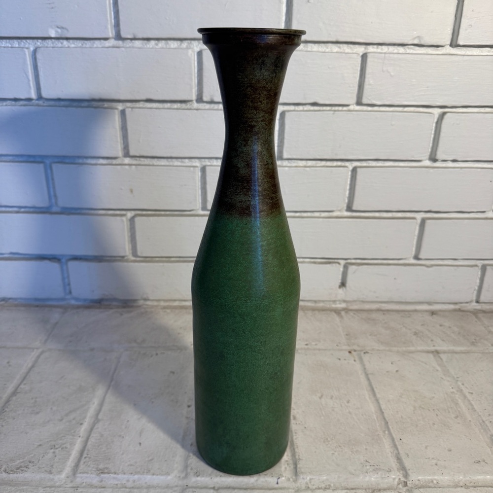 Elegant Mid Century Metal Green & Brown Vase